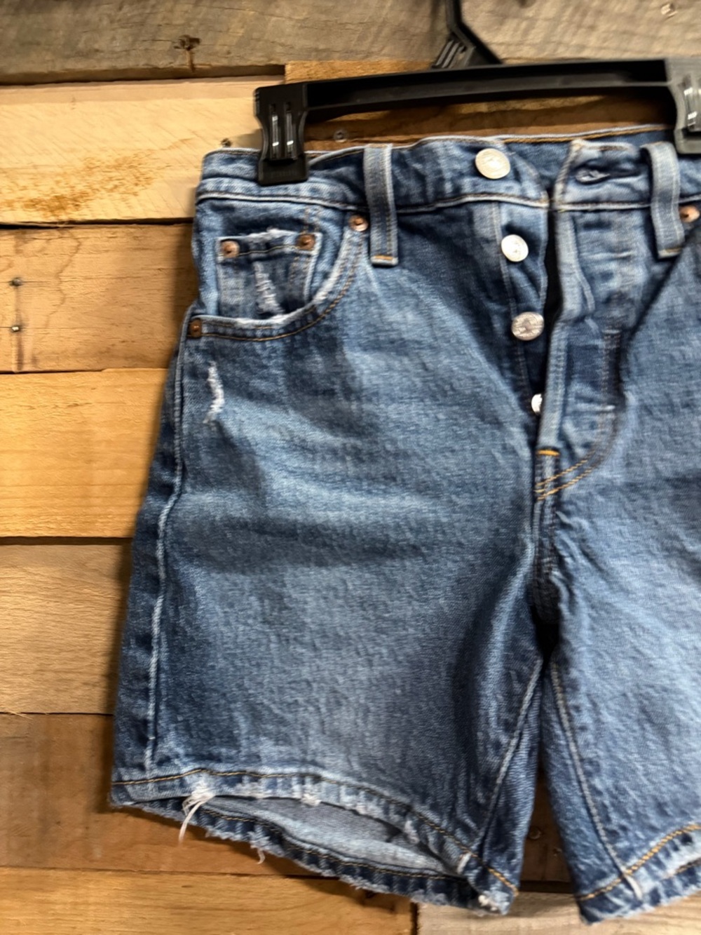 Levi's Button-Fly Distressed Blue Denim Shorts - Picture 2 of 11